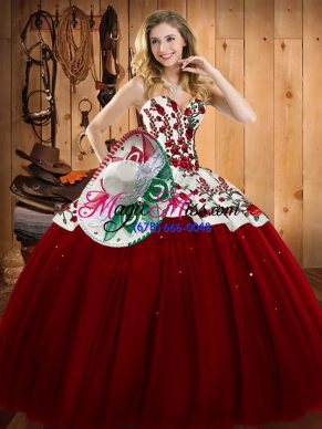 Exceptional Sweetheart Sleeveless Lace Up 15th Birthday Dress Wine Red Satin and Tulle