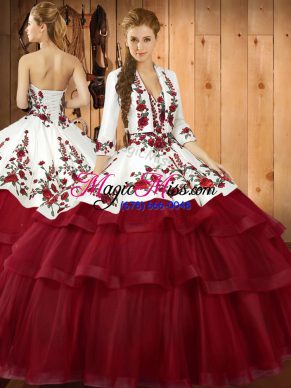 Sweep Train Ball Gowns Quince Ball Gowns Wine Red Sweetheart Organza Sleeveless Lace Up