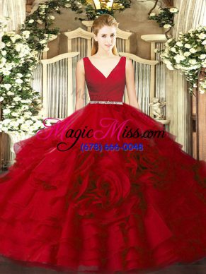 Excellent V-neck Sleeveless Quinceanera Gown Floor Length Beading Wine Red Fabric With Rolling Flowers