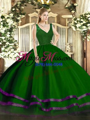 Green V-neck Neckline Beading and Ruffled Layers Quinceanera Gown Sleeveless Zipper