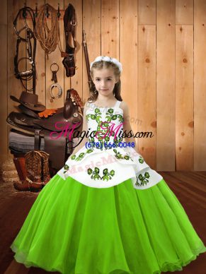 Sleeveless Floor Length Embroidery Lace Up Little Girls Pageant Dress with Yellow Green