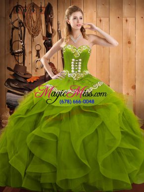 Superior Olive Green Quinceanera Gowns Military Ball and Sweet 16 and Quinceanera with Embroidery and Ruffles Sweetheart Sleeveless Lace Up