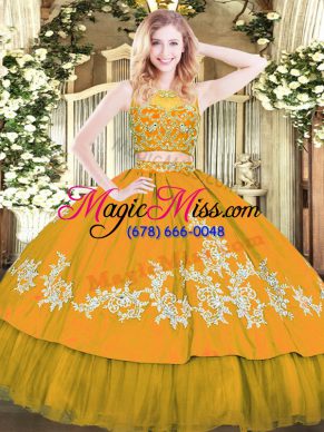 Best Tulle Scoop Sleeveless Zipper Beading and Appliques Quinceanera Dresses in Gold