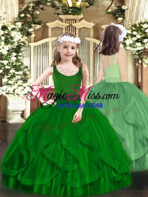 Floor Length Zipper Child Pageant Dress Dark Green for Party and Quinceanera with Beading and Ruffles