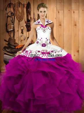 Floor Length Fuchsia Quinceanera Gowns Tulle Sleeveless Embroidery and Ruffles