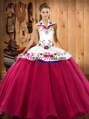 Lovely Hot Pink Satin and Tulle Lace Up Halter Top Sleeveless Floor Length Quince Ball Gowns Embroidery