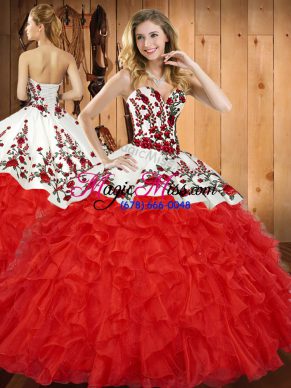 Wine Red Lace Up Quinceanera Gowns Embroidery and Ruffles Sleeveless Floor Length