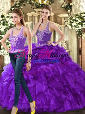 Eggplant Purple Sleeveless Tulle Lace Up Quinceanera Gowns for Military Ball and Sweet 16 and Quinceanera