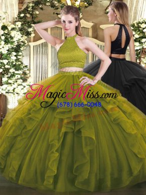 Most Popular Halter Top Sleeveless Quinceanera Dresses Floor Length Beading and Ruffles Olive Green Organza