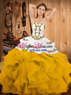 Flare Floor Length Yellow And White Quinceanera Dresses Satin and Organza Sleeveless Embroidery and Ruffles