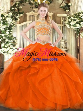 High Class Orange Red Sleeveless Beading and Ruffles Floor Length Sweet 16 Dresses