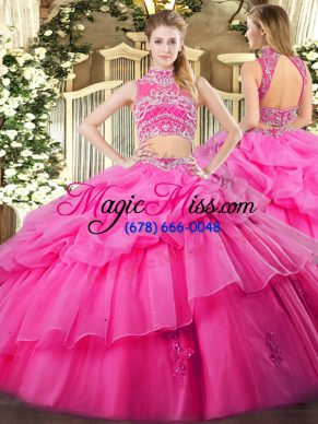 High End Sleeveless Tulle Floor Length Backless 15 Quinceanera Dress in Hot Pink with Beading and Ruffles and Pick Ups