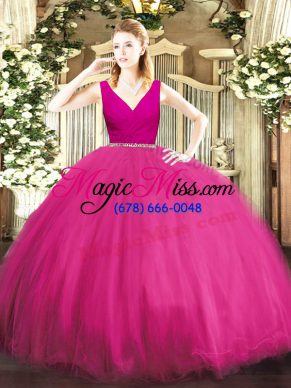 Edgy V-neck Sleeveless Vestidos de Quinceanera Floor Length Beading Fuchsia Tulle