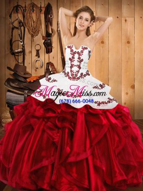 High End Wine Red Lace Up 15 Quinceanera Dress Embroidery and Ruffles Sleeveless Floor Length