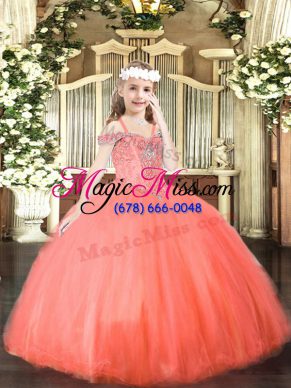 On Sale Floor Length Coral Red Child Pageant Dress Tulle Sleeveless Beading