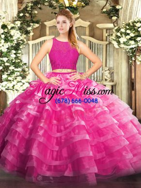 Lace and Ruffled Layers 15th Birthday Dress Fuchsia Zipper Sleeveless Floor Length