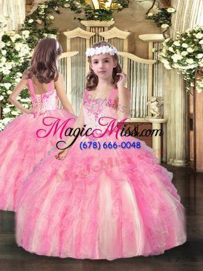 Top Selling Sleeveless Organza Floor Length Lace Up Little Girl Pageant Gowns in Rose Pink with Beading and Ruffles