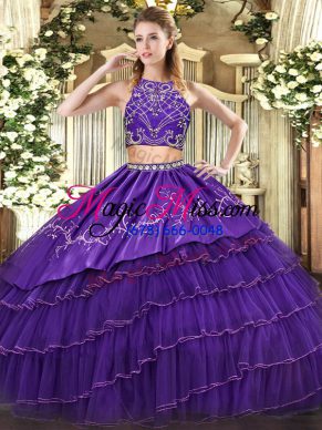 Flare Purple Sleeveless Beading and Embroidery and Ruffled Layers Floor Length Quince Ball Gowns