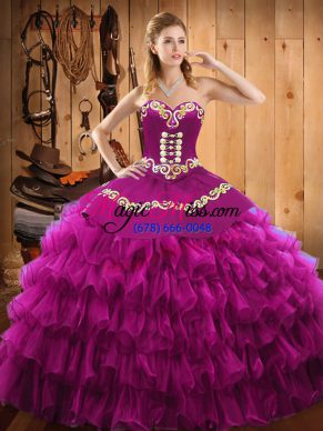 Fuchsia Satin and Organza Lace Up Vestidos de Quinceanera Sleeveless Floor Length Embroidery and Ruffled Layers