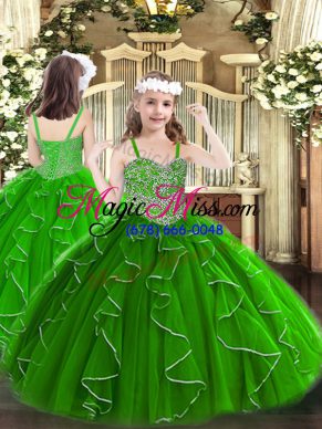 Super Green Lace Up Child Pageant Dress Beading and Ruffles Sleeveless Floor Length