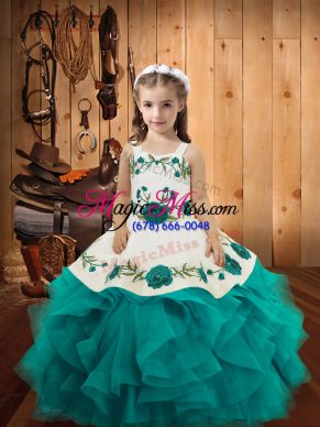 Pretty Floor Length Teal Little Girl Pageant Gowns Straps Sleeveless Lace Up