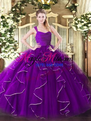 Floor Length Eggplant Purple 15 Quinceanera Dress Organza Sleeveless Ruffles