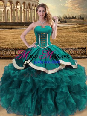 Teal Lace Up Sweetheart Beading and Ruffles Quinceanera Dress Organza Sleeveless