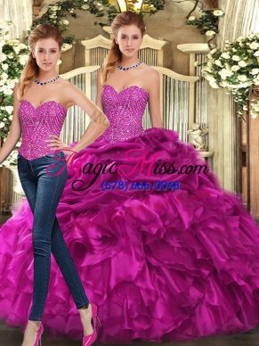 Free and Easy Floor Length Fuchsia Vestidos de Quinceanera Organza Sleeveless Beading and Ruffles