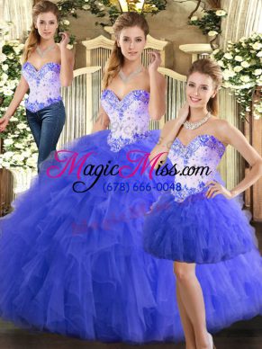 Beautiful Blue Tulle Lace Up Sweetheart Sleeveless Floor Length 15th Birthday Dress Beading and Ruffles