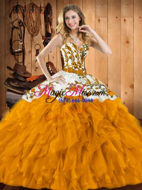 Gold Sleeveless Satin and Organza Lace Up Quinceanera Dresses for Military Ball and Sweet 16 and Quinceanera