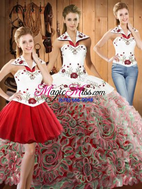 Glorious Fabric With Rolling Flowers Halter Top Sleeveless Lace Up Embroidery Quinceanera Dresses in Multi-color