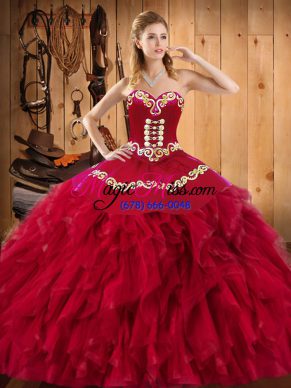 Floor Length Wine Red Sweet 16 Dress Sweetheart Sleeveless Lace Up