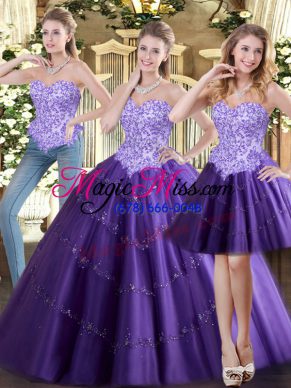 Beading Quinceanera Dress Purple Lace Up Sleeveless Floor Length