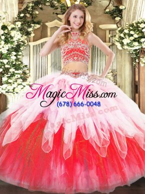 High-neck Sleeveless Sweet 16 Dress Floor Length Beading and Ruffles Multi-color Tulle