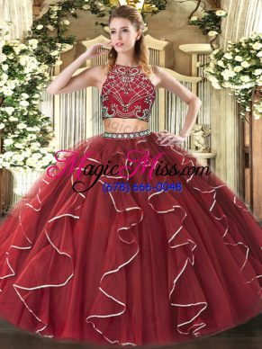 Colorful Burgundy High-neck Zipper Beading and Ruffles Sweet 16 Dress Sleeveless