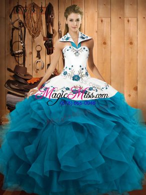 Floor Length Teal Quinceanera Dress Halter Top Sleeveless Lace Up