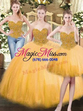 Floor Length Gold Sweet 16 Dresses Tulle Sleeveless Beading