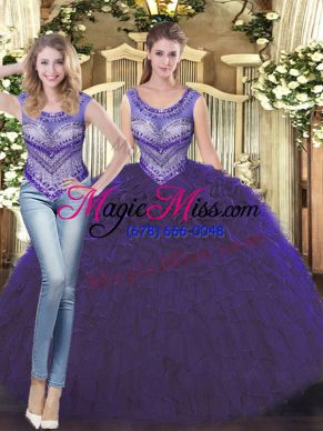 Beautiful Floor Length Lace Up Vestidos de Quinceanera Purple for Military Ball and Sweet 16 and Quinceanera with Beading and Ruffles