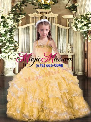 Custom Design Organza Sleeveless Floor Length Child Pageant Dress and Appliques and Ruffled Layers