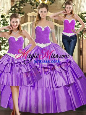 Sleeveless Floor Length Appliques and Ruffled Layers Lace Up Quinceanera Gown with Eggplant Purple