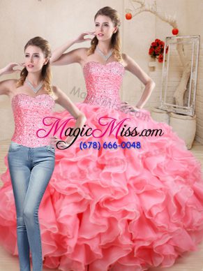 Floor Length Lace Up Quinceanera Dress Watermelon Red for Sweet 16 and Quinceanera with Beading and Ruffles