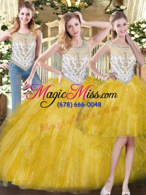 Flare Scoop Sleeveless Zipper Quinceanera Gowns Yellow Organza