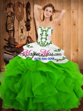 Traditional Strapless Sleeveless Satin and Organza Quinceanera Dress Embroidery and Ruffles Lace Up