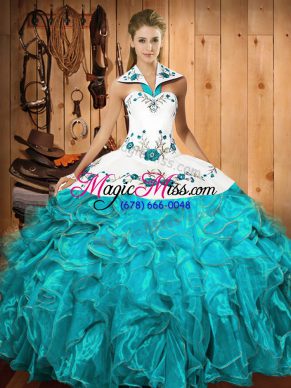 Designer Aqua Blue Halter Top Neckline Embroidery and Ruffles Sweet 16 Quinceanera Dress Sleeveless Lace Up