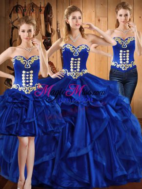 Royal Blue Sleeveless Embroidery and Ruffles Floor Length 15 Quinceanera Dress