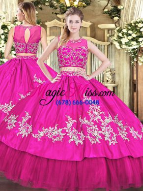 Hot Pink Tulle Zipper Scoop Sleeveless Floor Length Sweet 16 Dresses Beading and Appliques