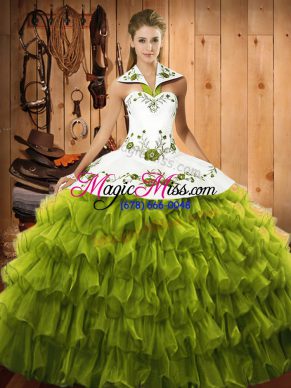 Olive Green Sleeveless Organza Lace Up 15th Birthday Dress for Military Ball and Sweet 16 and Quinceanera