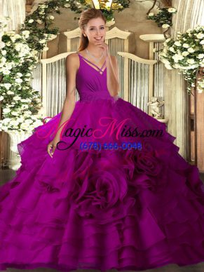 Fuchsia V-neck Backless Ruching Ball Gown Prom Dress Sweep Train Sleeveless