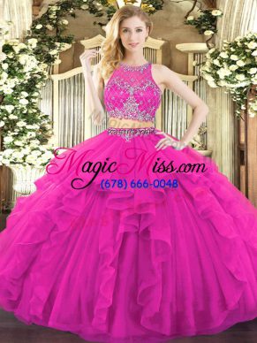 Amazing Fuchsia Sleeveless Floor Length Beading and Ruffles Zipper 15th Birthday Dress