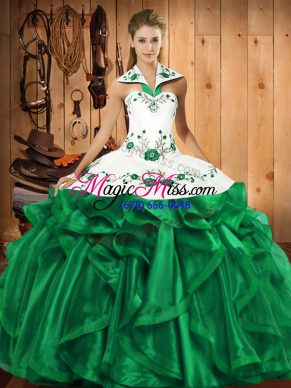 High End Halter Top Sleeveless Satin and Organza Quinceanera Gowns Embroidery and Ruffles Lace Up